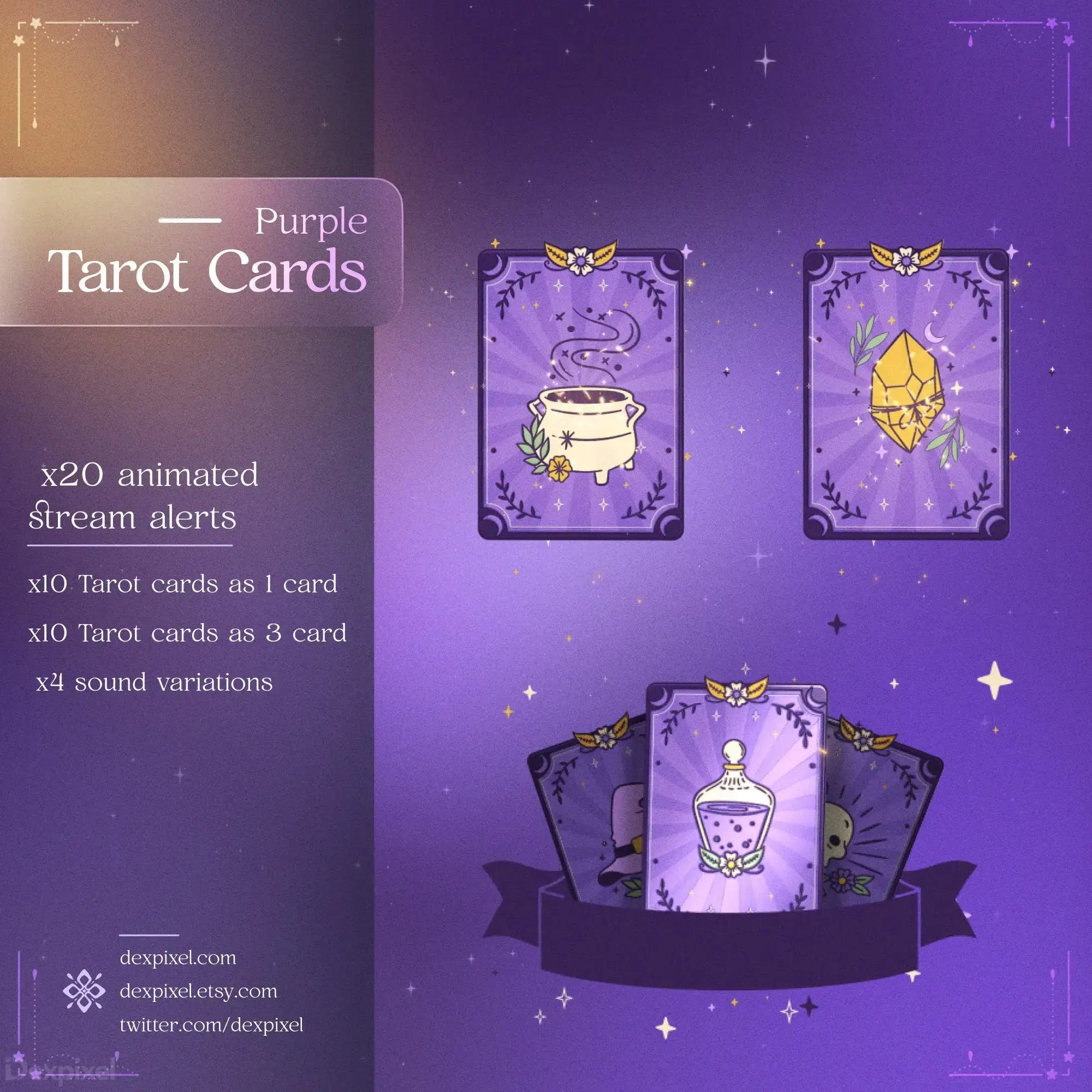 Purple-themed tarot card designs featuring mystical elements and potion bottles.