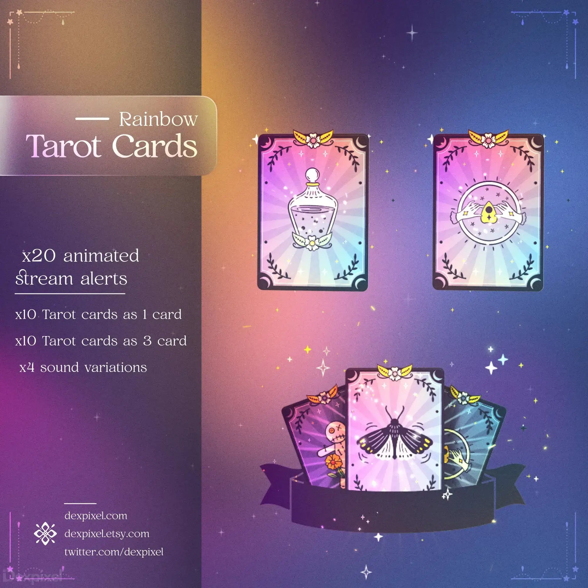 Rainbow-colored animated tarot cards with mystical symbols and decorative borders.