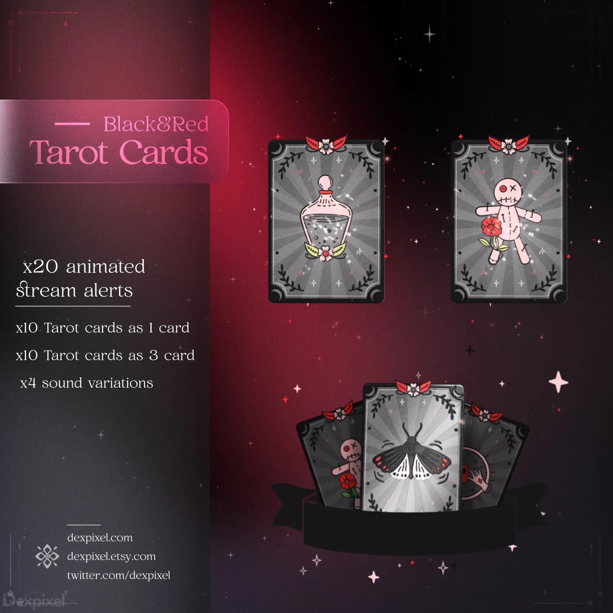 Black and red themed tarot cards with gothic illustrations.