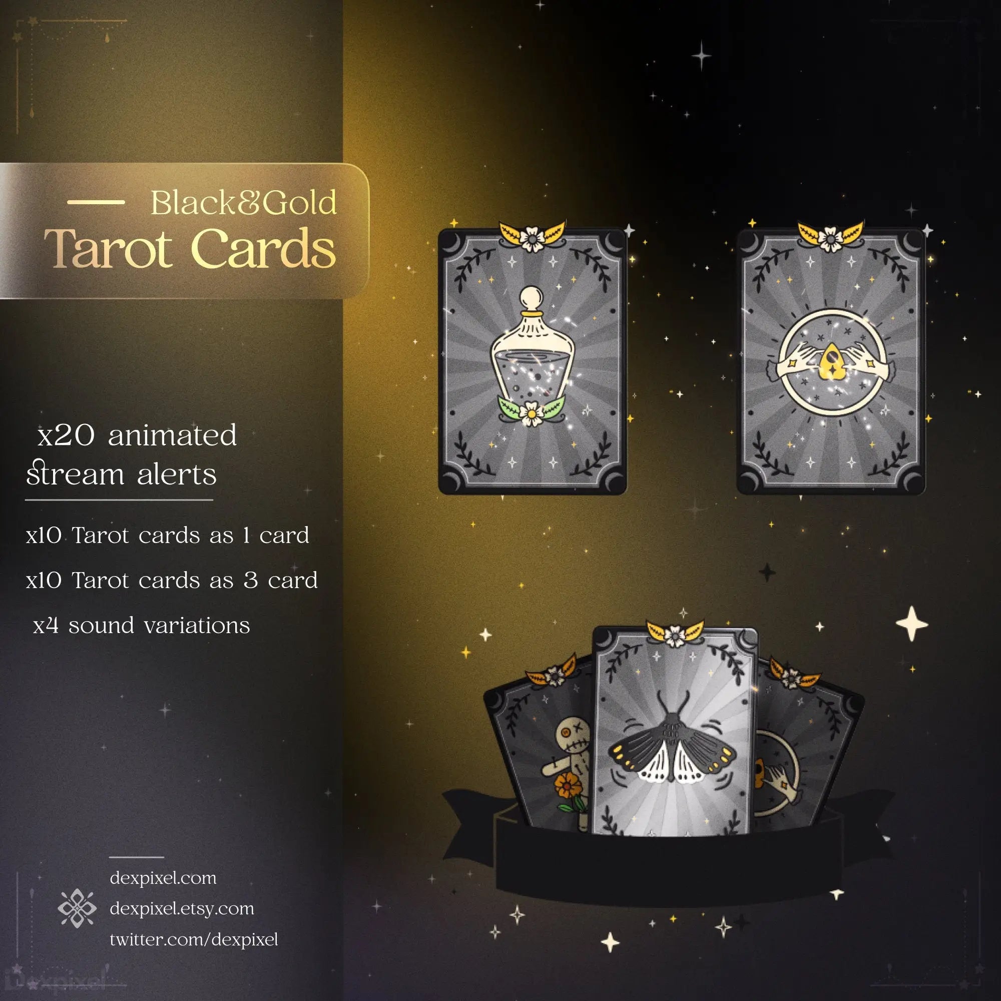 Black and gold themed tarot card deck with mystical designs.