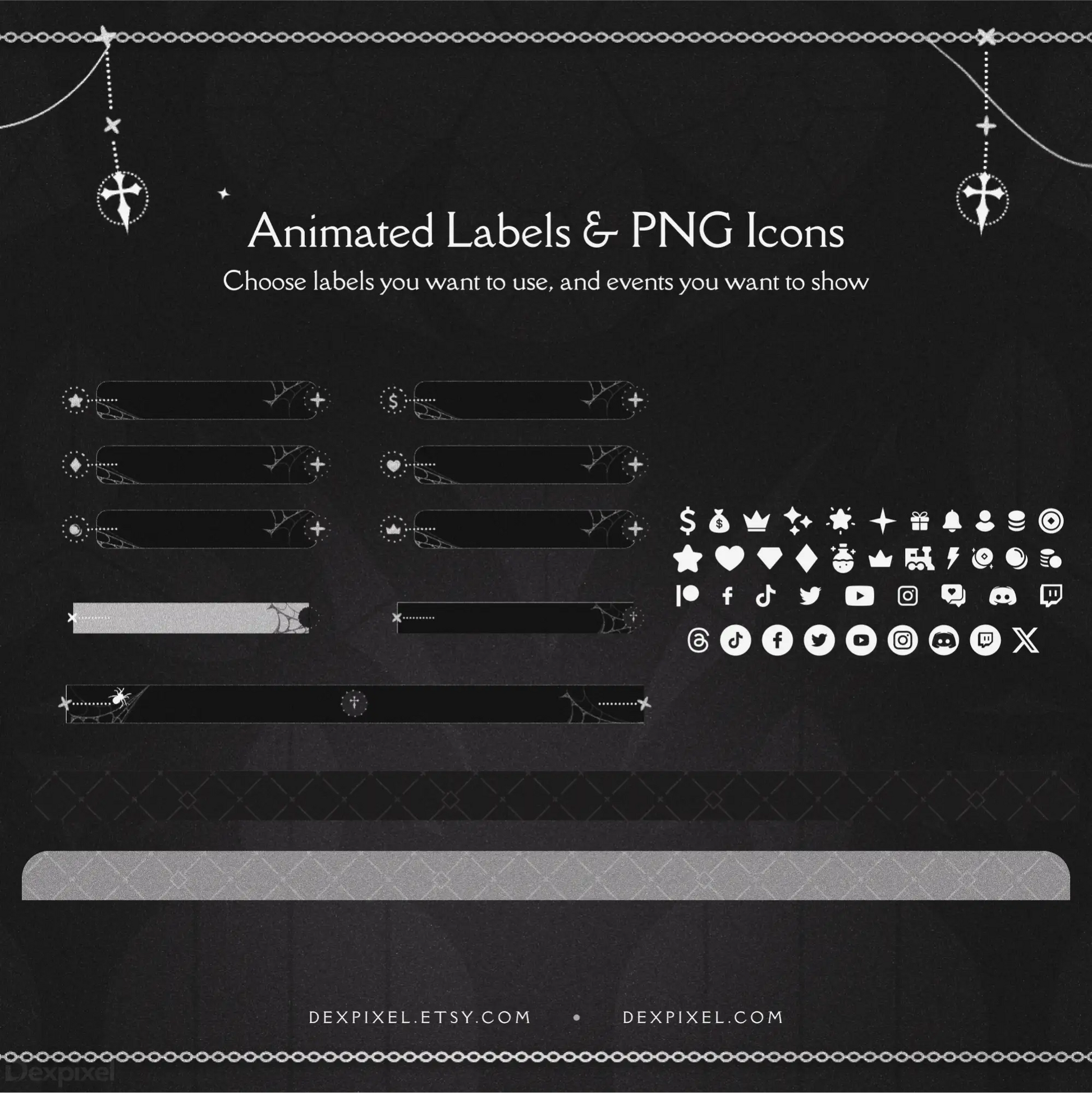 Collection of dark-themed animated labels and PNG icons with nautical and decorative elements.