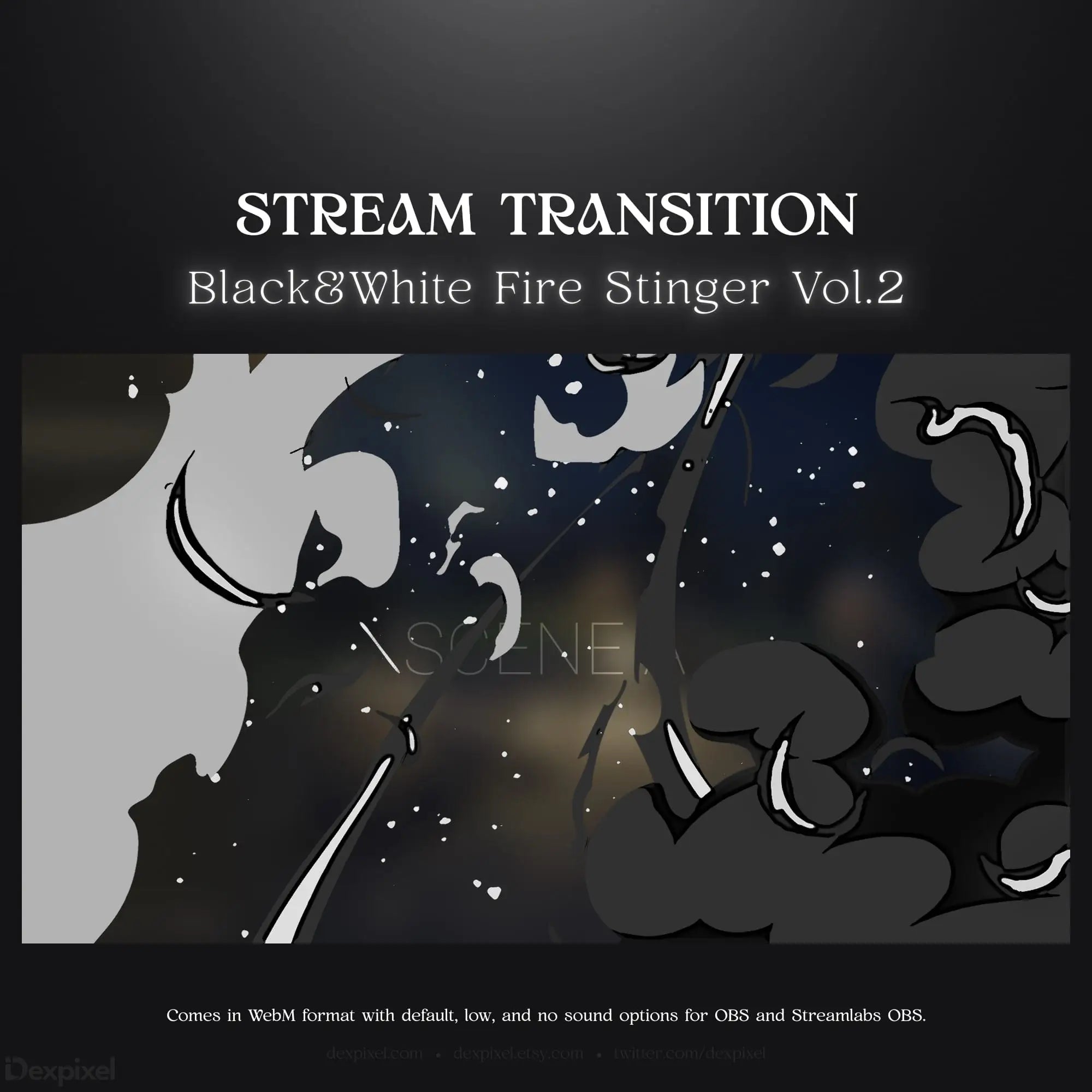 Black and white fire stinger stream transition.