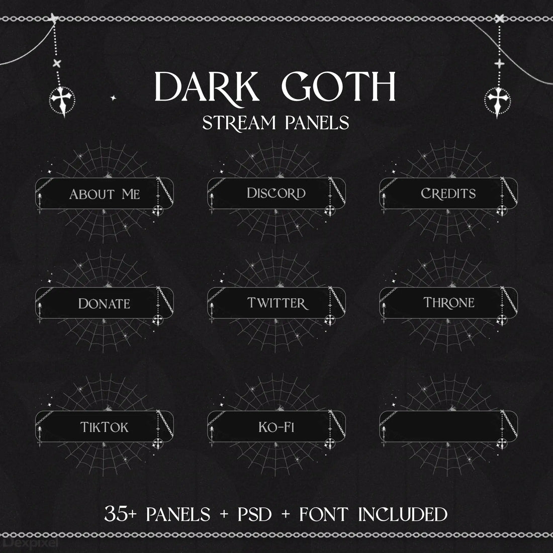 Dark gothic-themed Twitch stream panel set with silver chain decorations and anchor symbols.