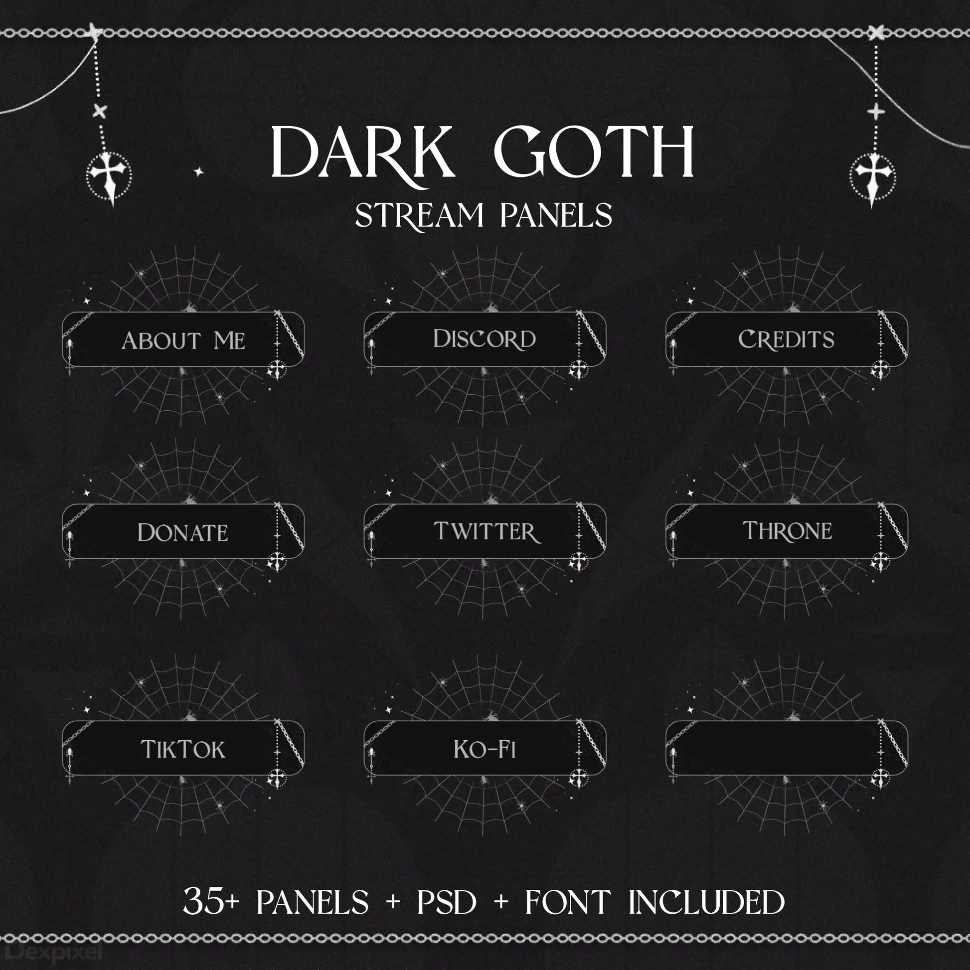 Dark gothic-themed Twitch stream panel set with decorative anchors and geometric designs.