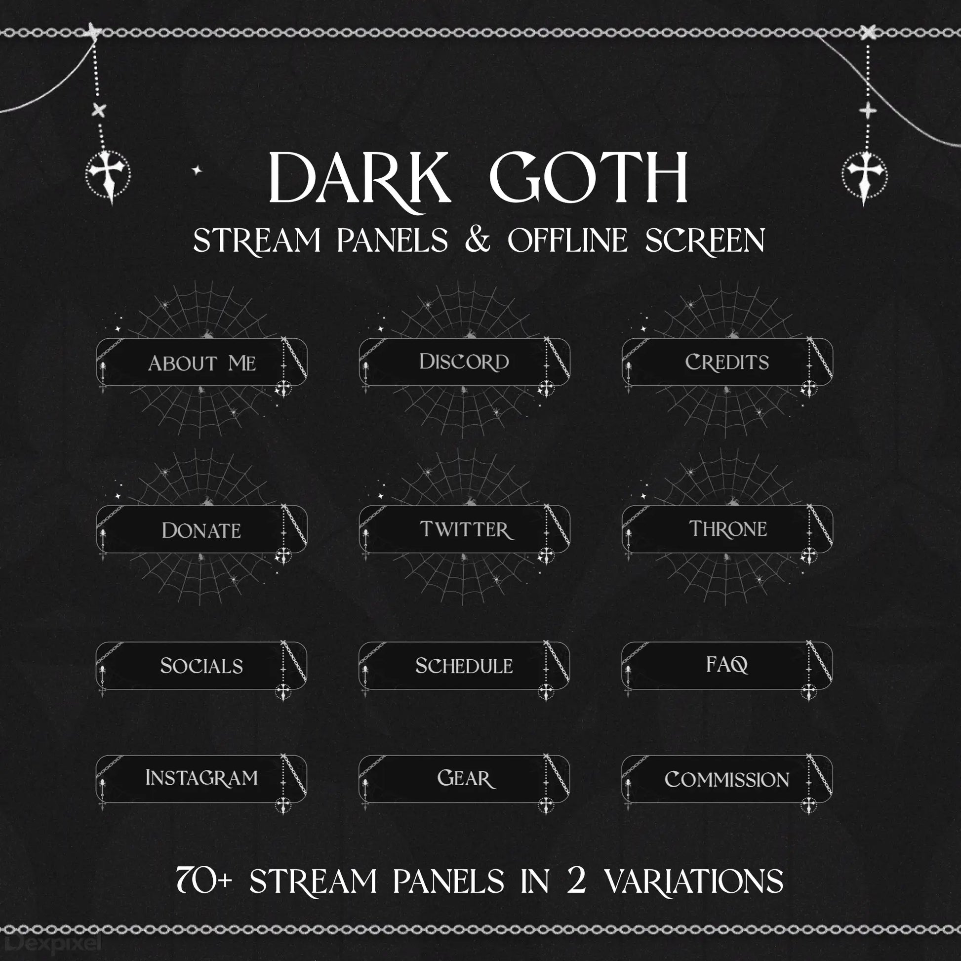 Dark gothic-themed Twitch stream panel menu layout with decorative chains and anchors.