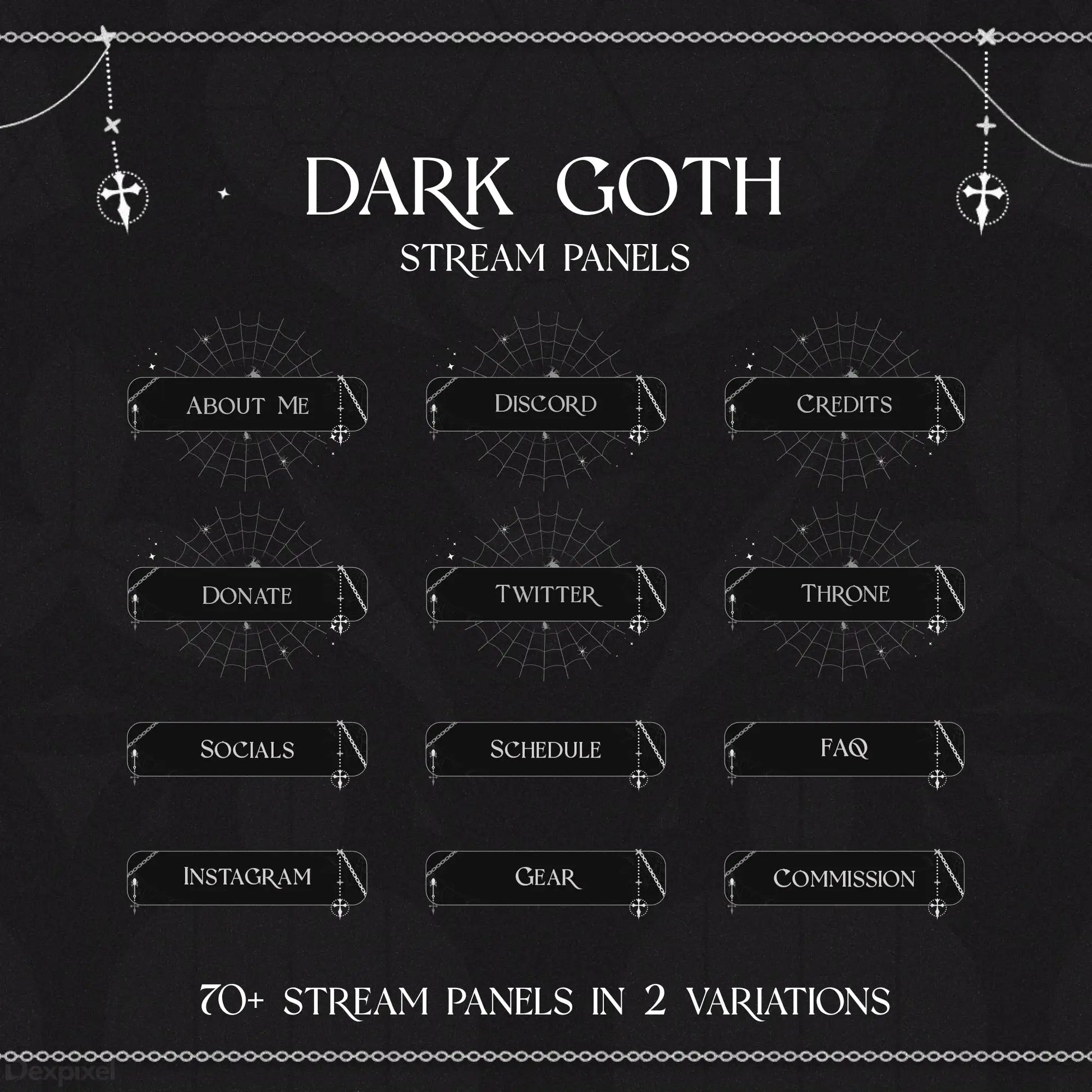 Dark gothic-themed Twitch stream panel set with silver chain decorations and anchor symbols.