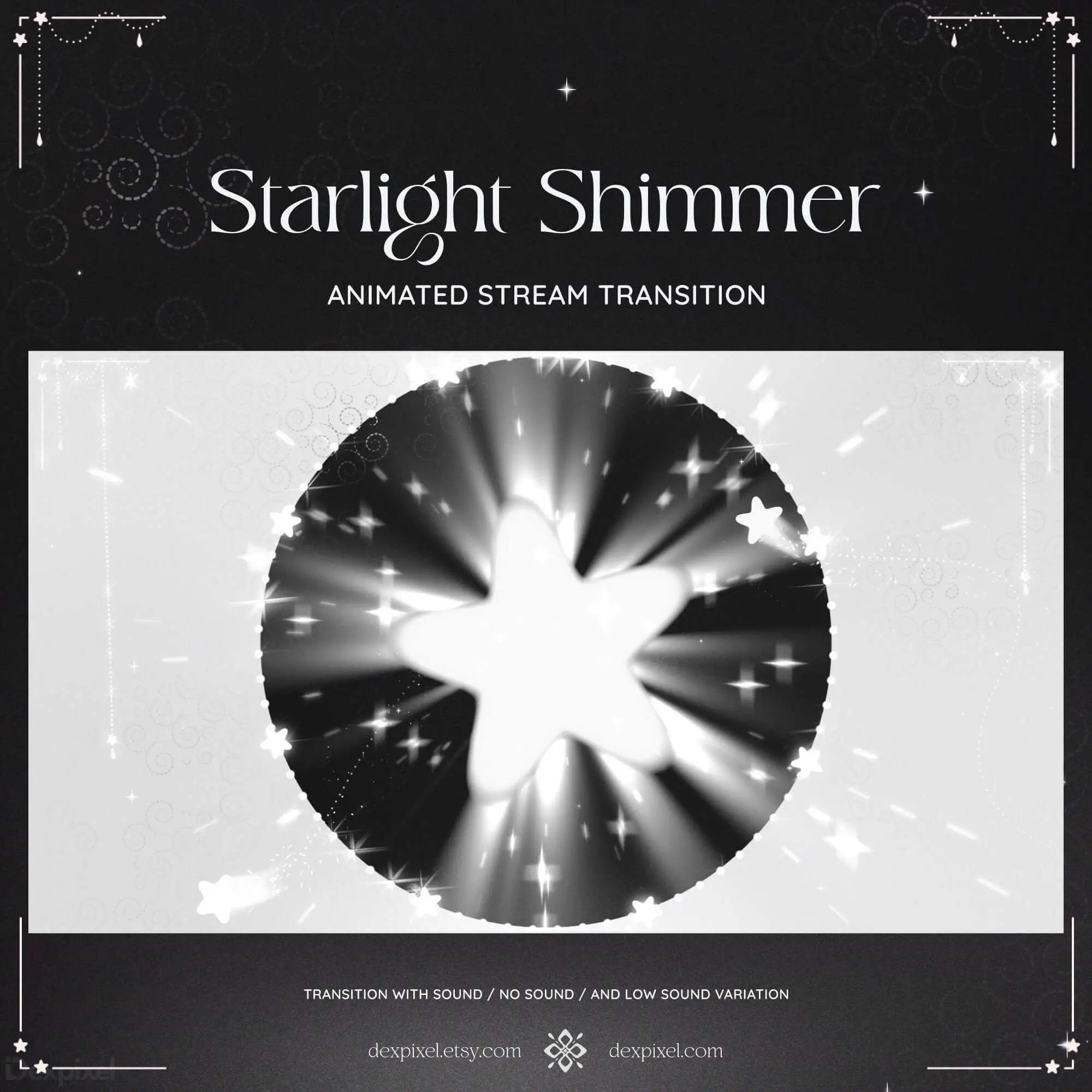 Circular burst of white shimmer starlight in a black and white starlight stream transition