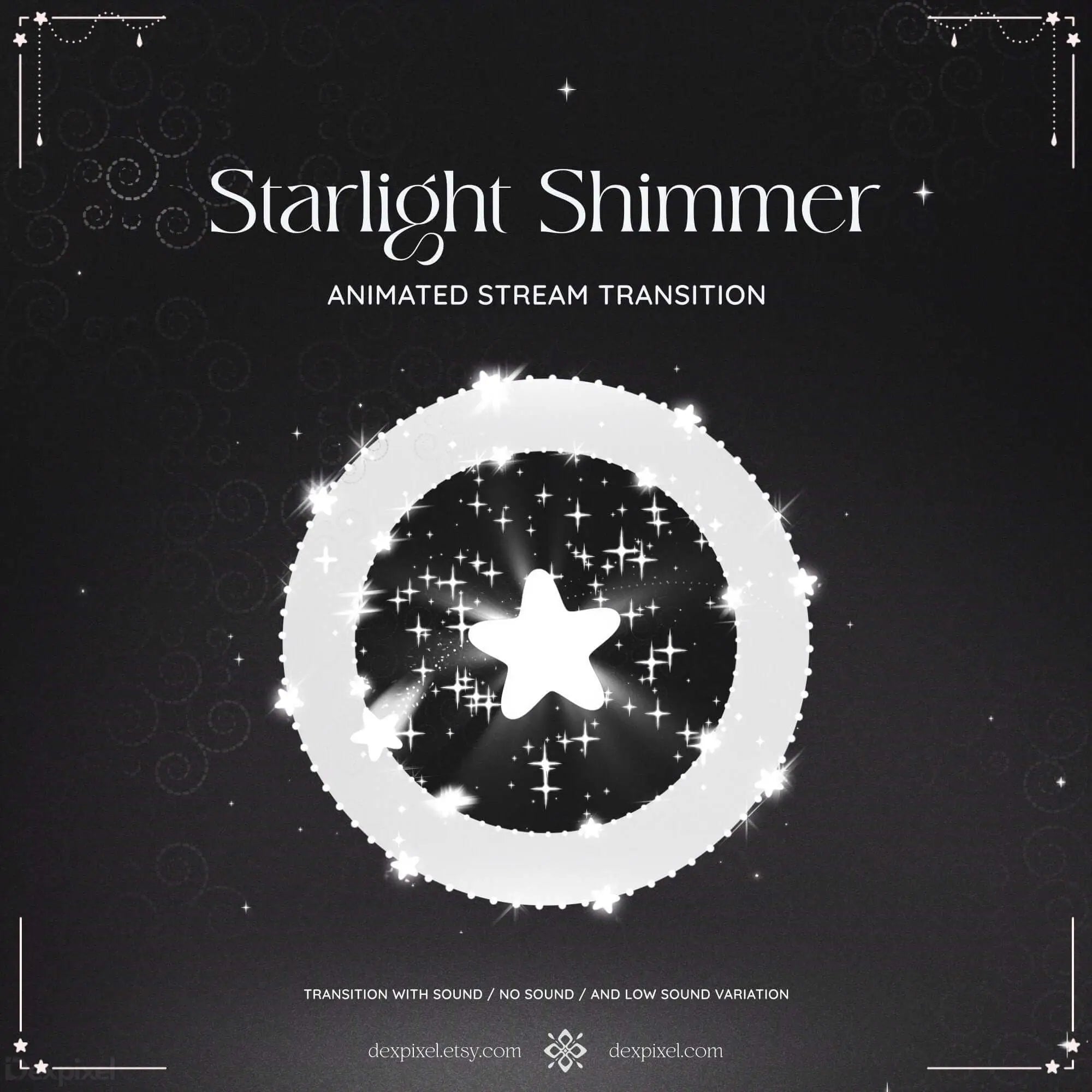 White circular ring with star and sparkles in Black and White Shimmer Starlight Stream Transition
