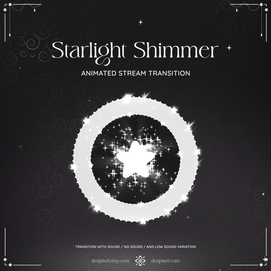 Black circular shape with star cutout, accented by sparkles, for Starlight Stream Transition