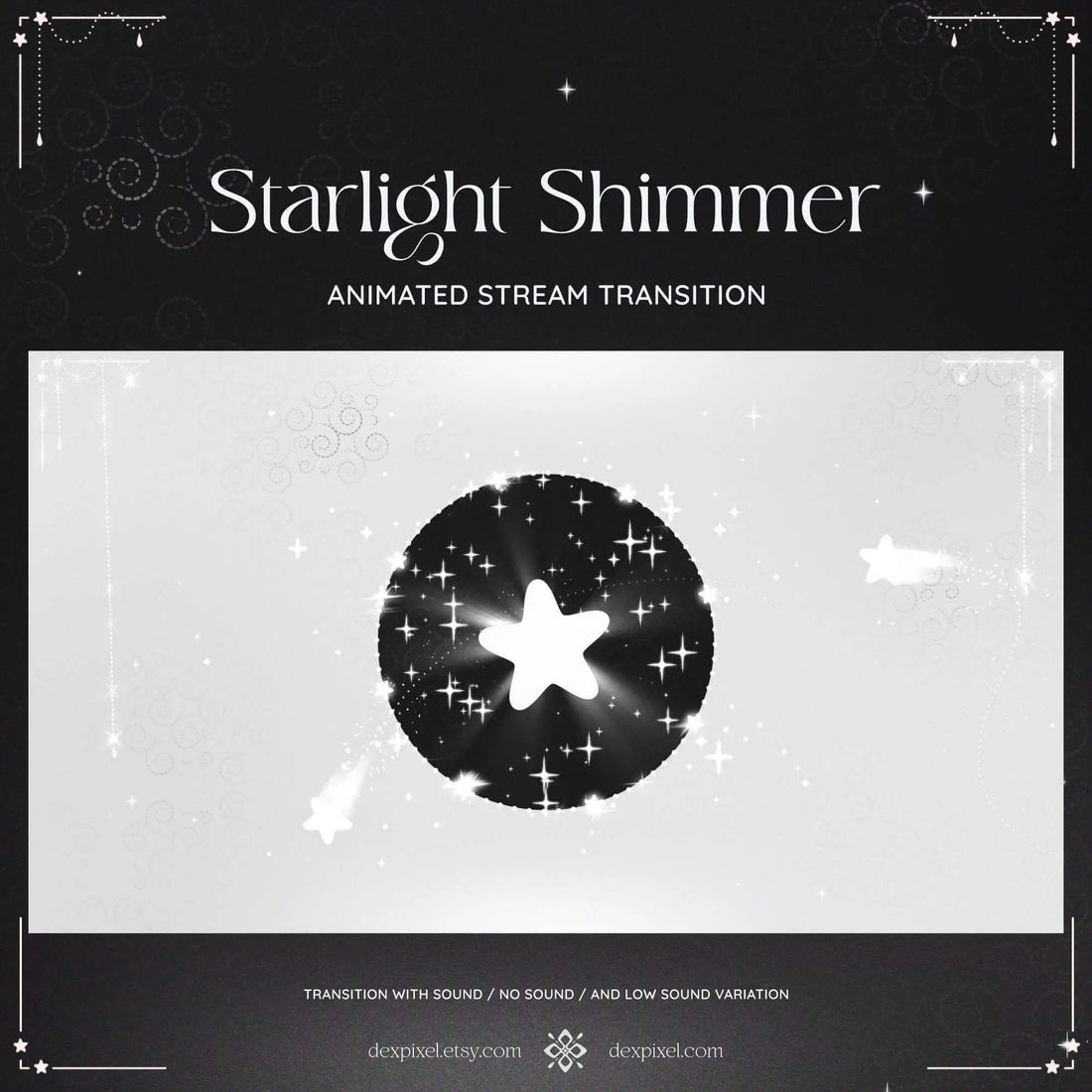 Black circular shape with star cutout, accented by sparkles, for Starlight Stream Transition