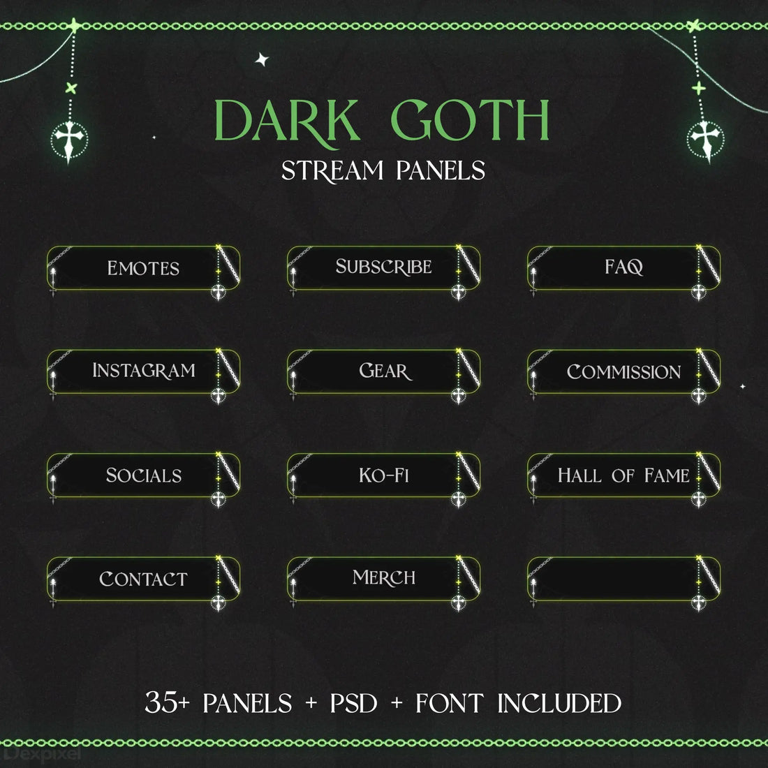 Dark gothic-themed Twitch stream panel set with inverted triangular buttons and decorative crosses.