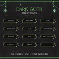 Dark goth-themed Twitch stream panel set with inverted crosses and green accents.