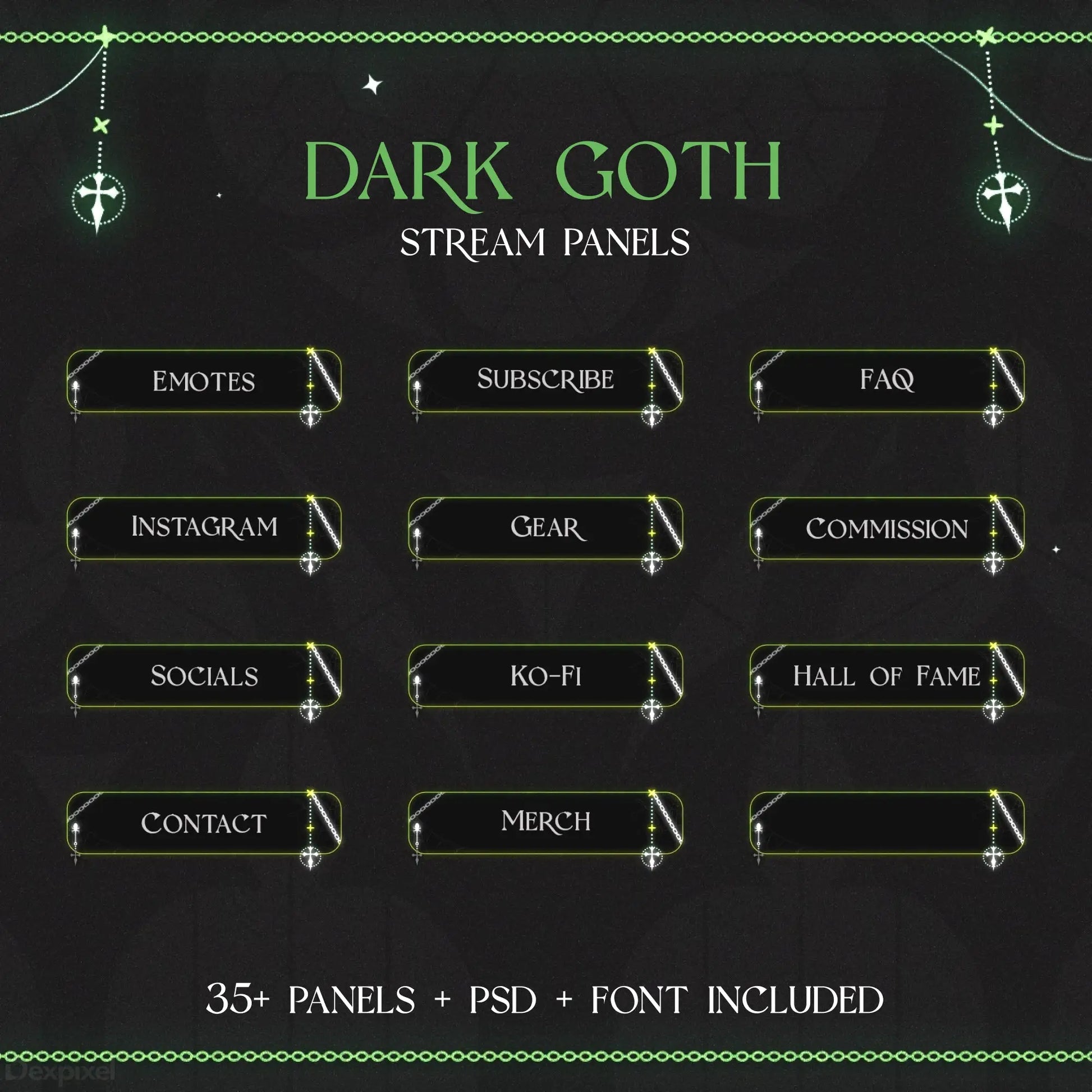 Dark goth-themed Twitch stream panel set with inverted crosses and green accents.