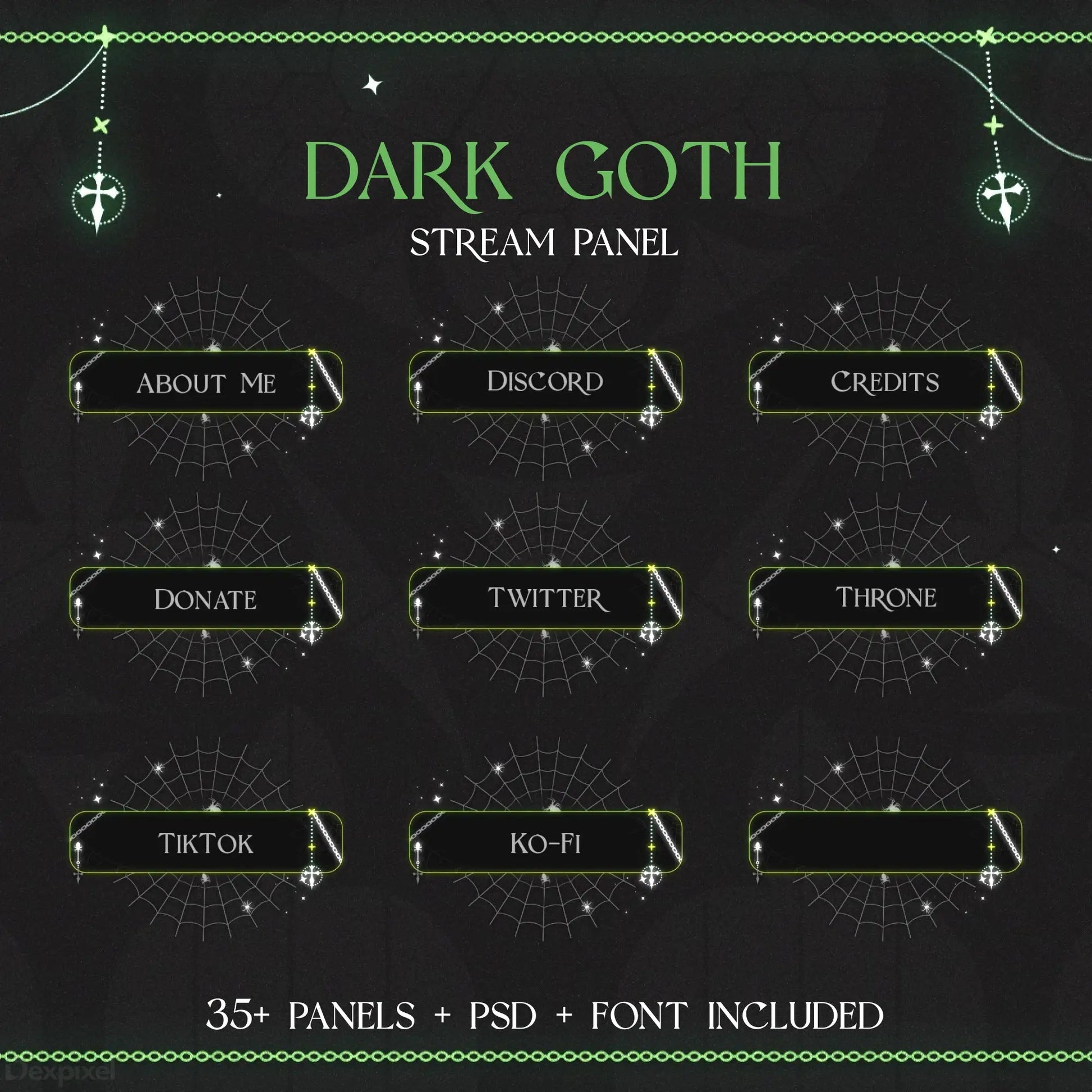 Dark gothic-themed Twitch stream panel set with ornate borders and cross symbols.