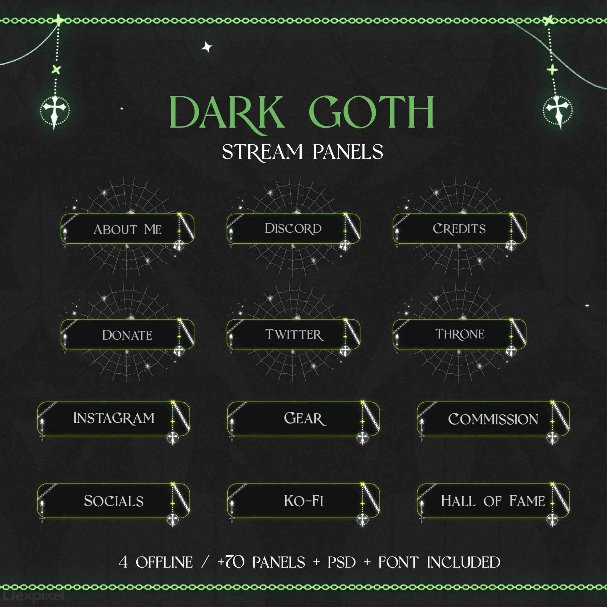 Dark gothic-themed Twitch stream panel set with green text and decorative borders.