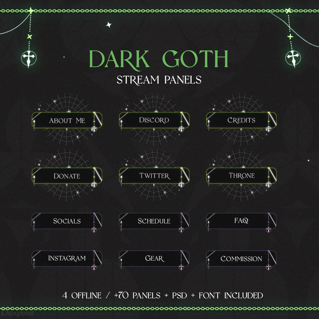 Dark gothic-themed Twitch stream panel set with inverted triangular buttons and decorative crosses.