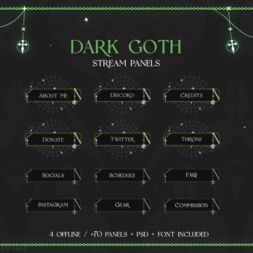 Dark gothic-themed Twitch stream panel set with inverted triangular buttons and decorative crosses.