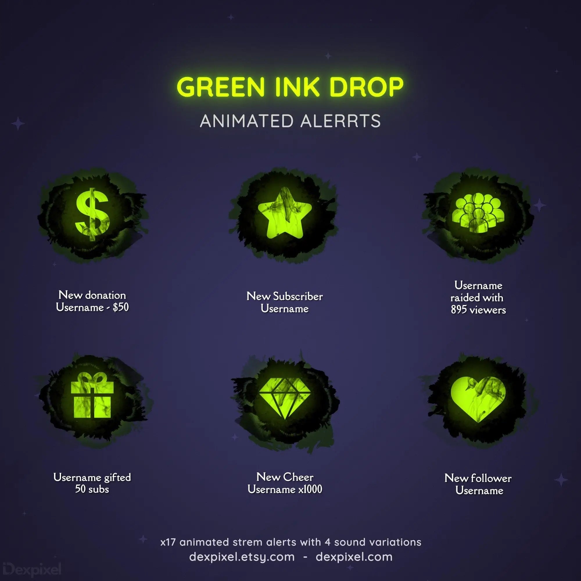 Black and Green Ink Drop Stream Alerts | Twitch Notifications | Dexpixel
