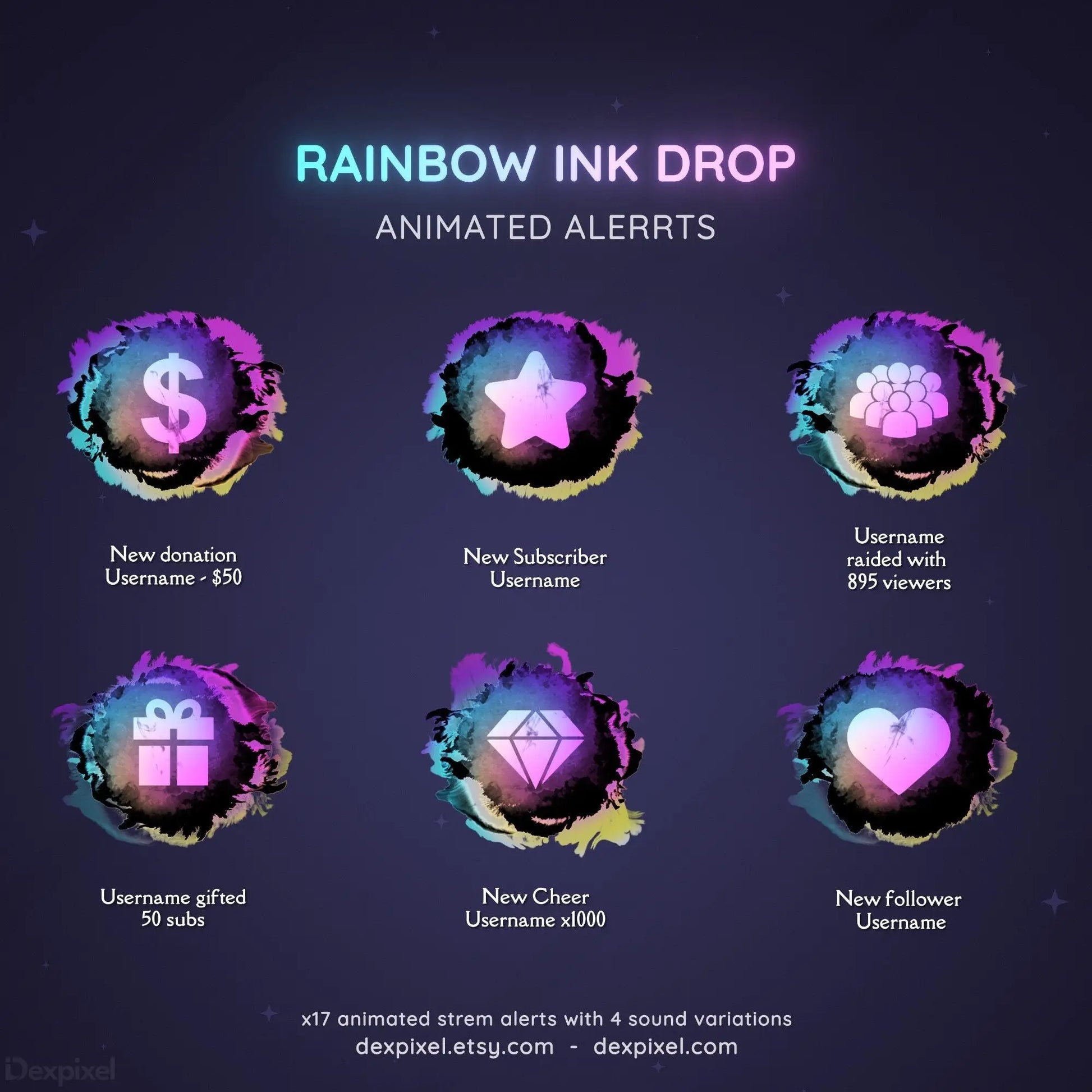 black iridescent rainbow ink drop stream alerts
