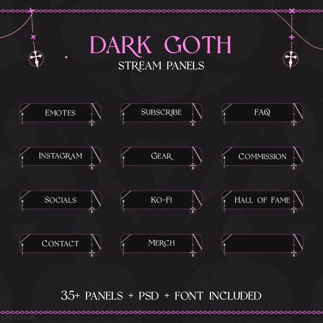 Dark gothic-themed Twitch stream panel set with cross decorations and pink accents.