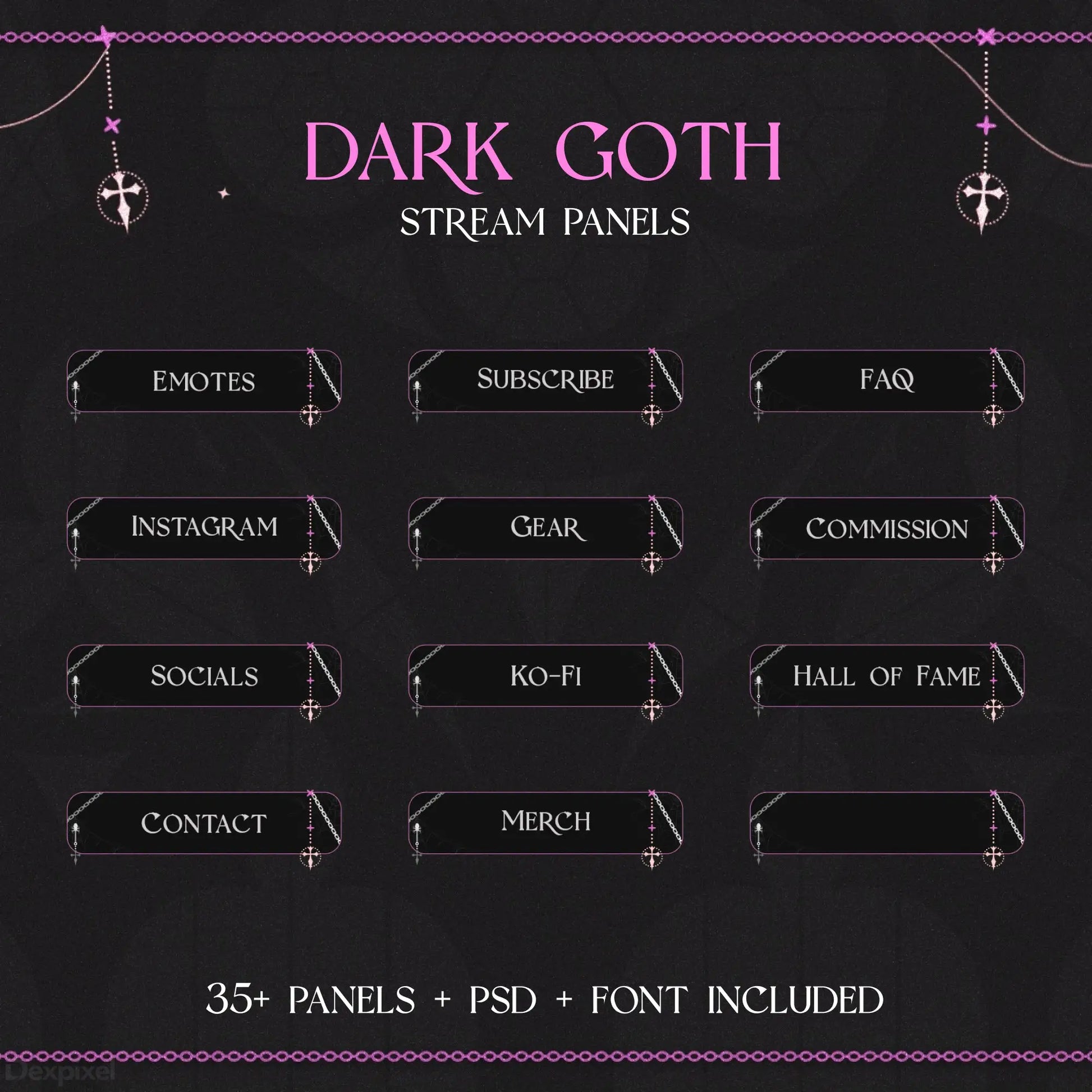 Dark gothic-themed Twitch stream panel set with anchor decorations and pink accents.