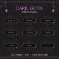 Dark gothic-themed Twitch stream panel set with cross decorations and pink accents.