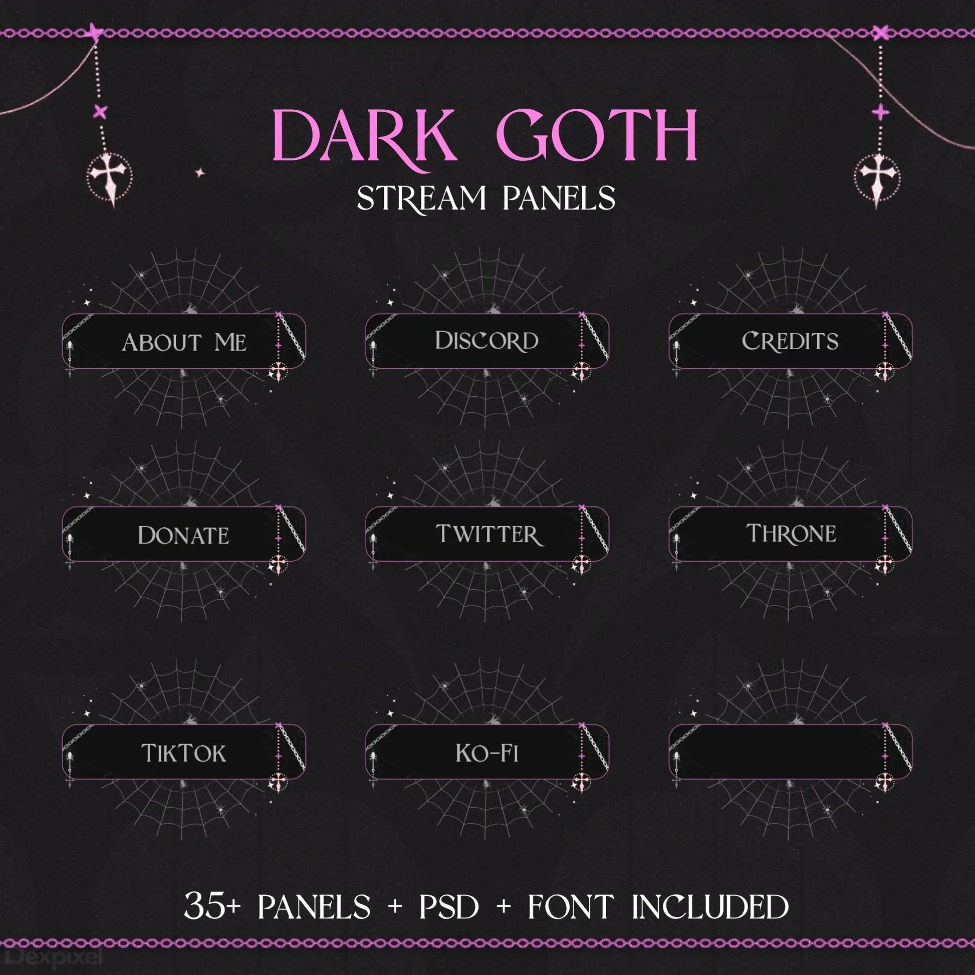 Dark gothic-themed Twitch stream panel set with cross decorations and pink accents.