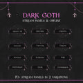 Dark gothic-themed Twitch stream panel set with cross decorations and pink accents.