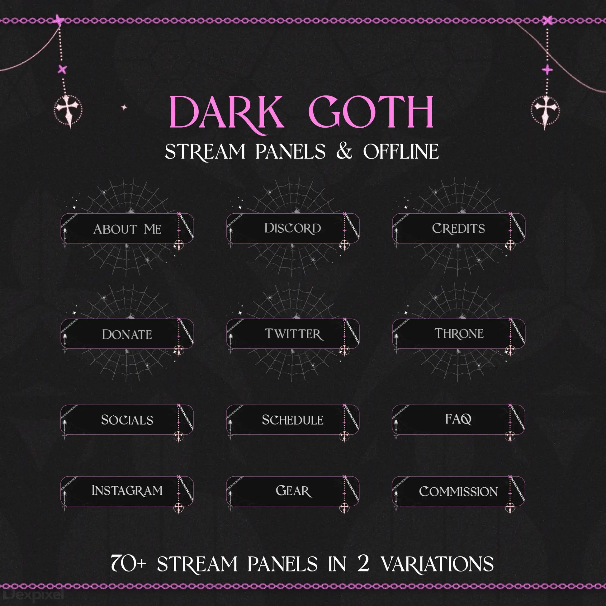 Dark gothic-themed Twitch stream panel set with cross decorations and pink accents.