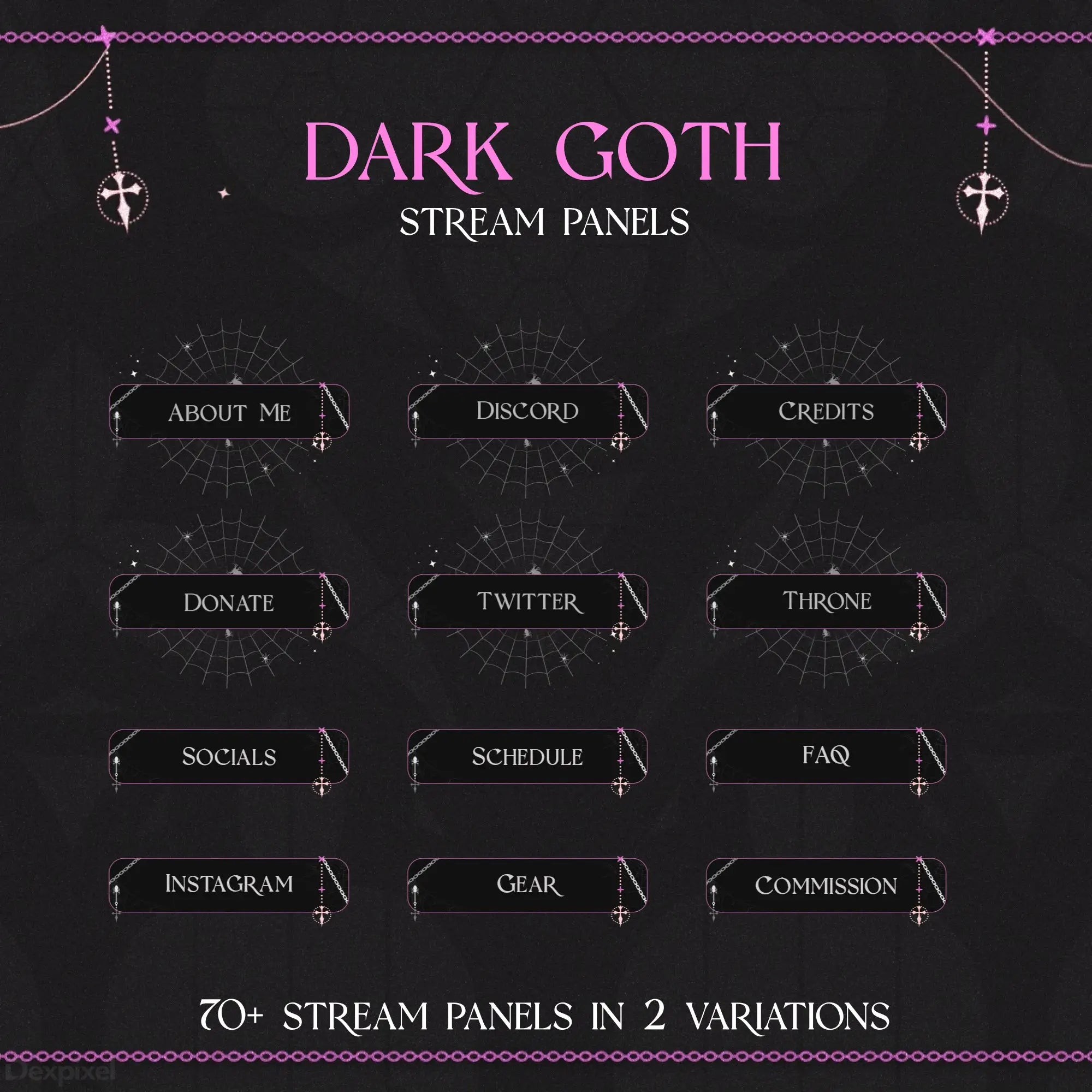 Dark gothic-themed Twitch stream panel set with cross decorations and pink accents.