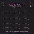 Dark gothic-themed Twitch stream panel set with cross decorations and pink accents.