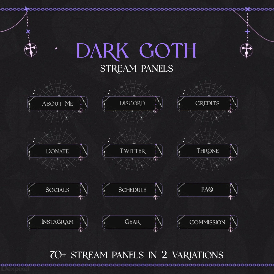 Dark gothic-themed Twitch stream panel set with inverted crosses and purple accents.