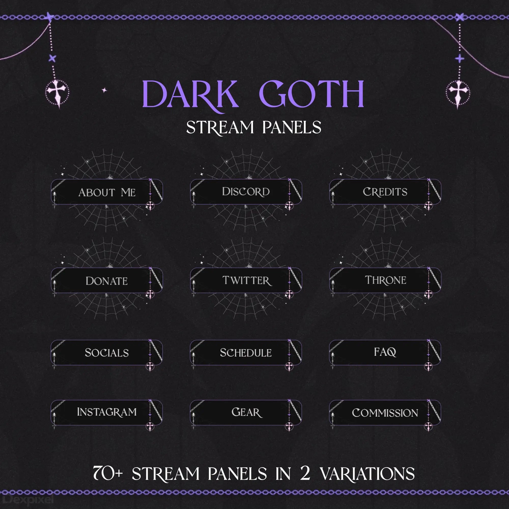 Dark gothic-themed Twitch stream panel set with coffin-shaped buttons and occult symbols.
