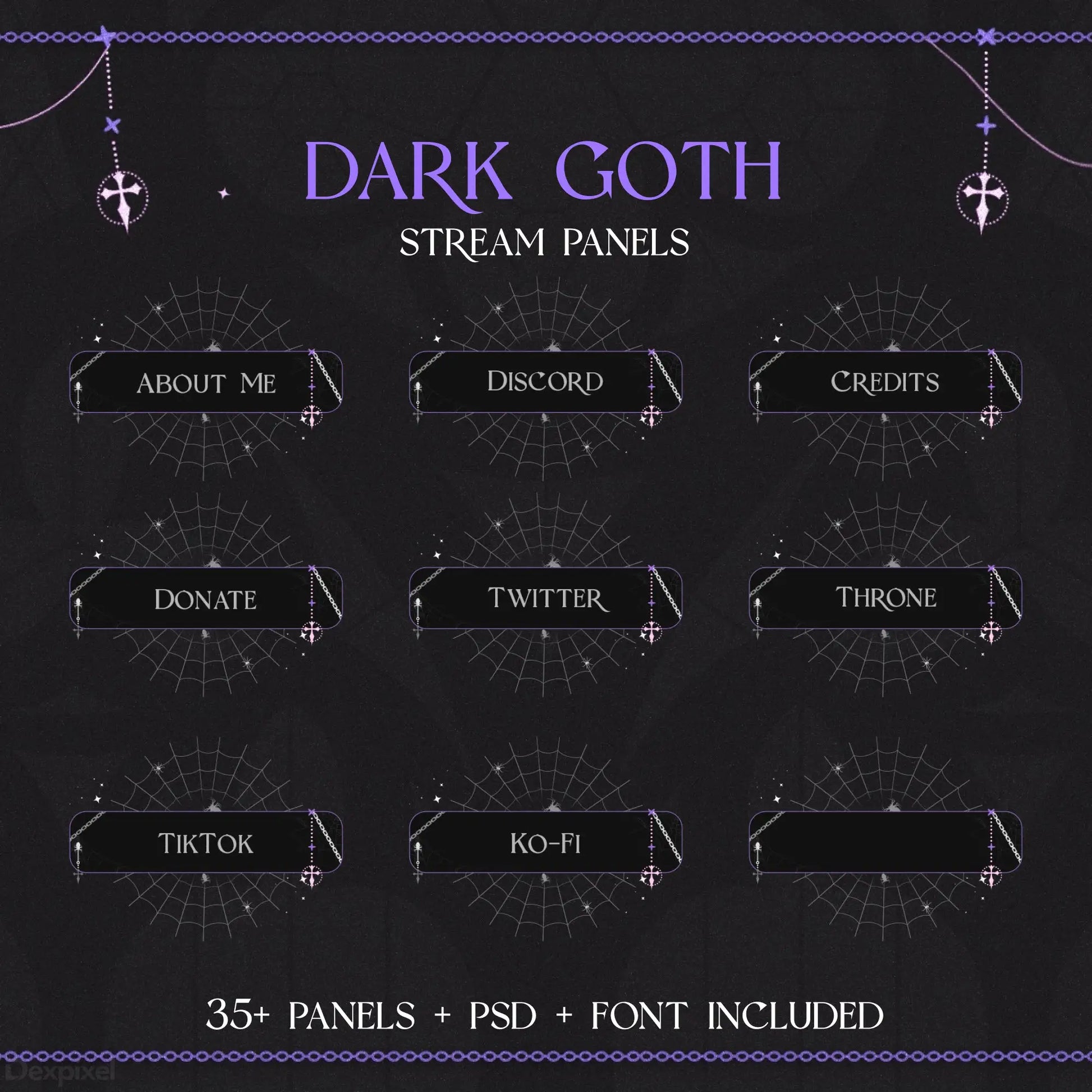 Dark gothic-themed Twitch stream panel set with cross and anchor decorative elements.