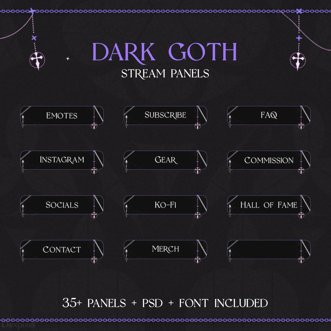 Dark gothic-themed Twitch stream panel set with inverted crosses and purple accents.