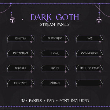 Dark gothic-themed Twitch stream panel set with inverted crosses and purple accents.