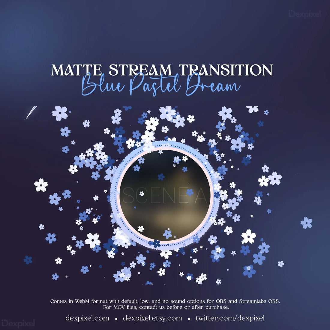 Circular blue pastel dream animated stream transition with floating flower petals