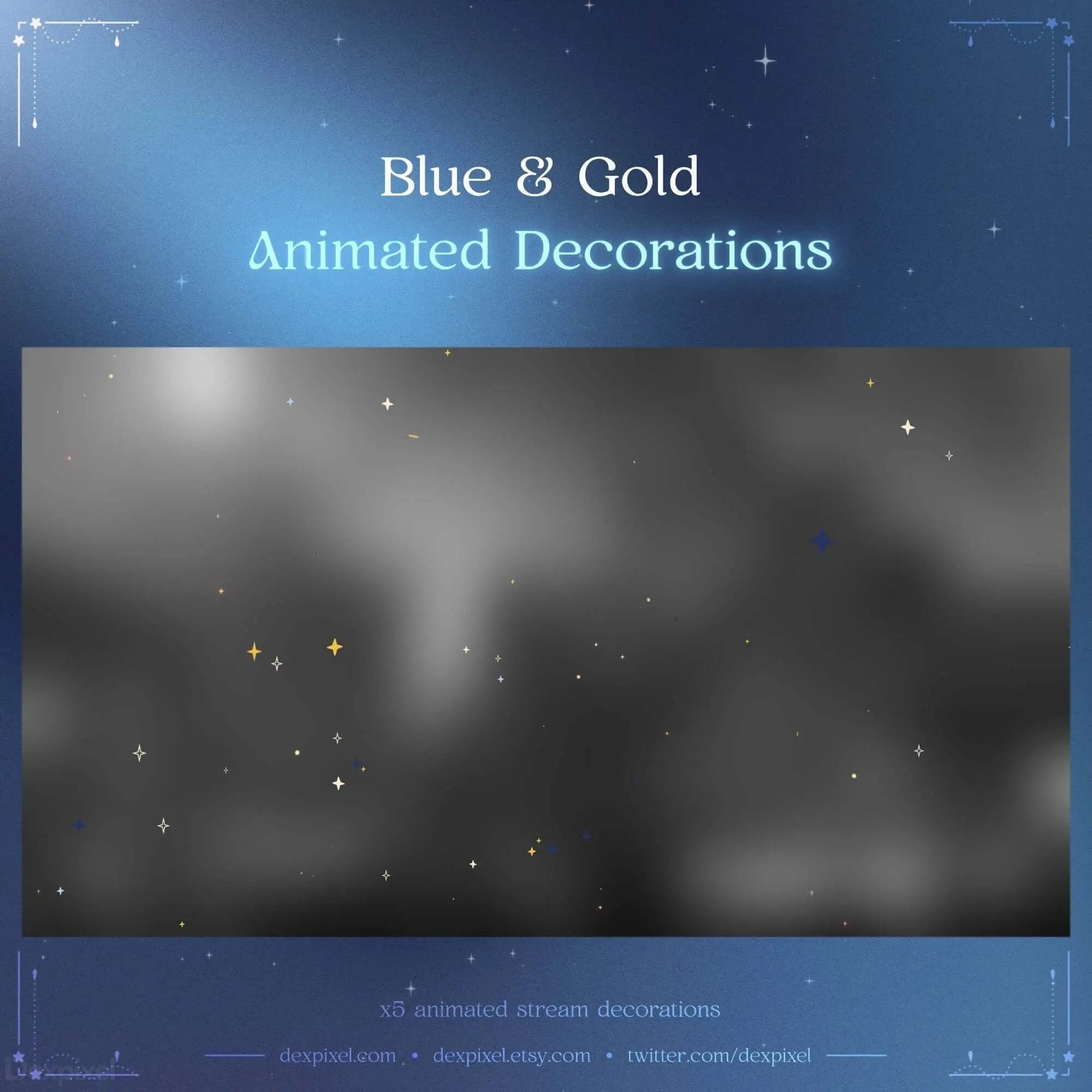 Blue and gold animated stream decorations for Twitch and YouTube, featuring celestial designs for elegant setups.