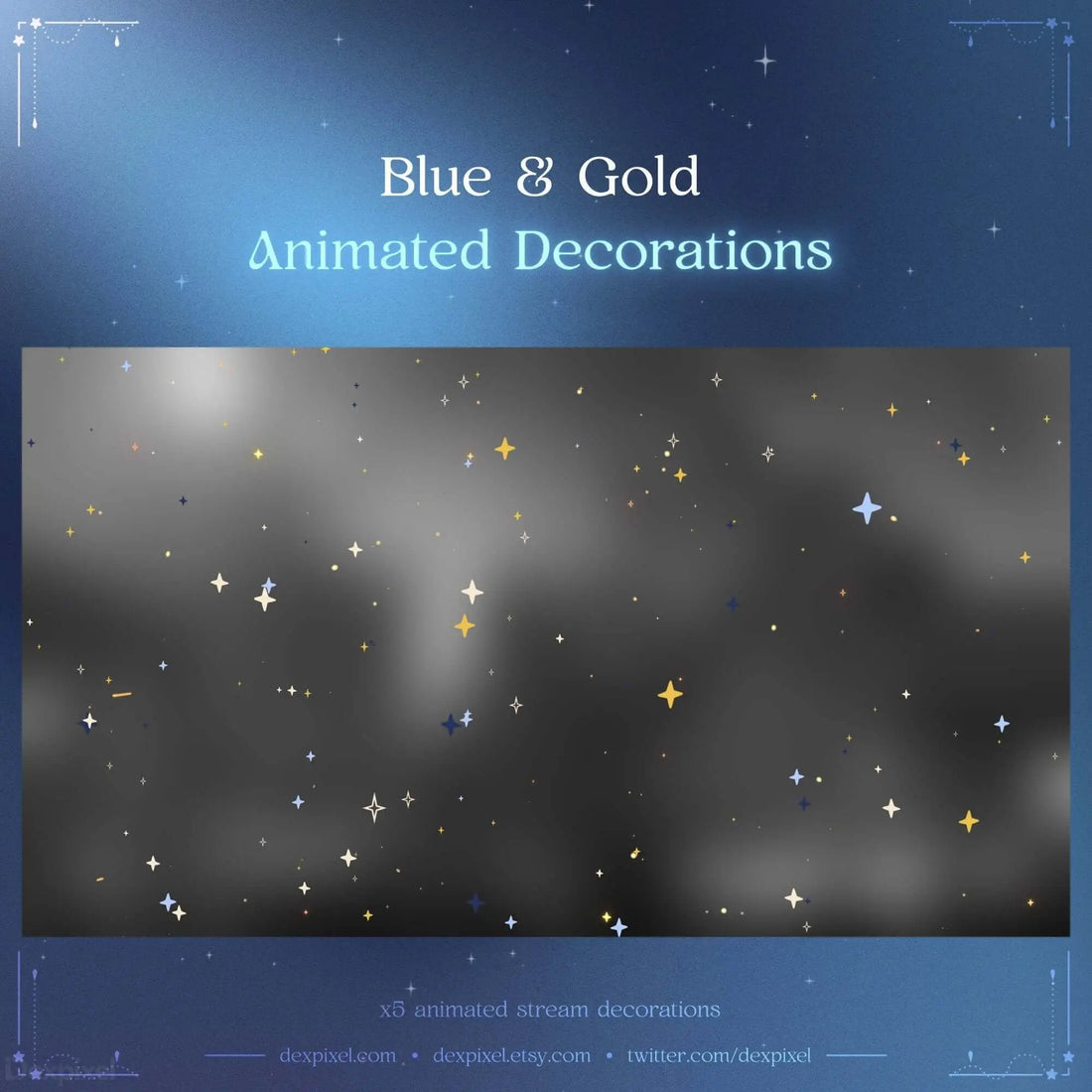 Blue and gold animated star stream decorations for Twitch and YouTube, enhancing stream aesthetics with a celestial theme.