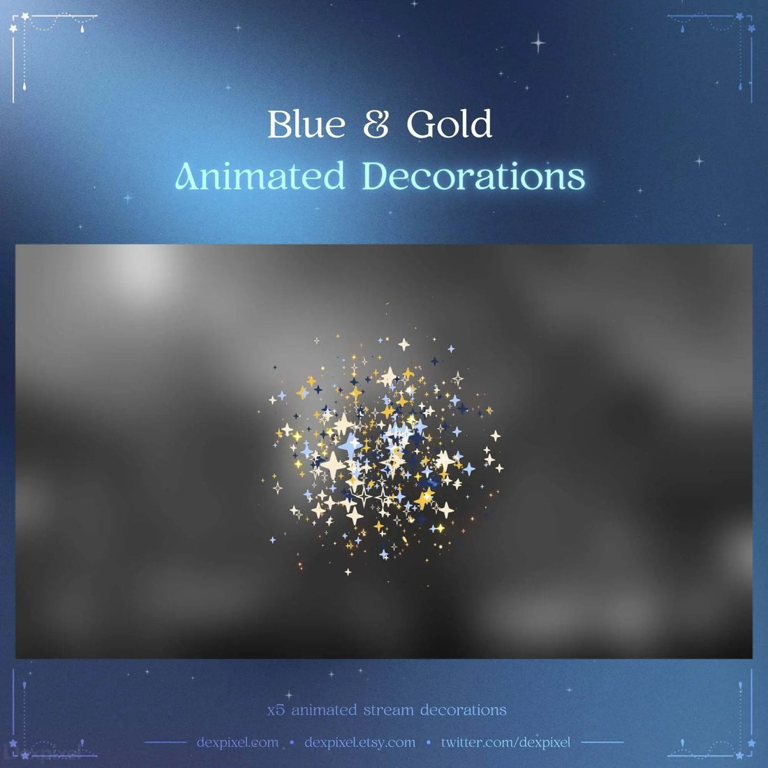 Blue and gold animated star stream decorations for Twitch and YouTube, enhancing stream aesthetics with a celestial theme.