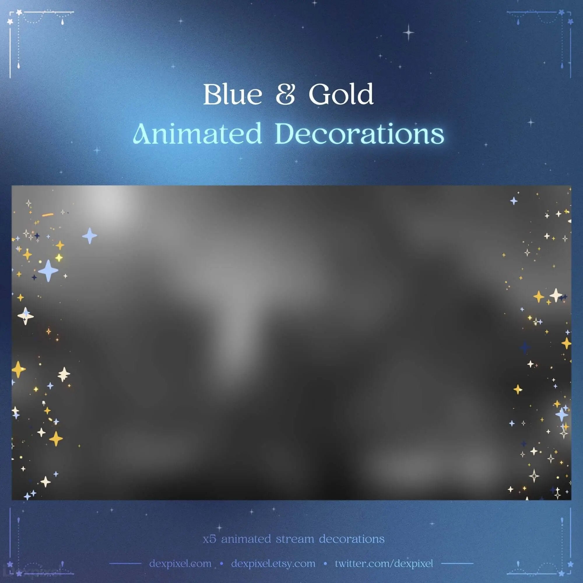 Blue and Gold animated stream decorations for Twitch and YouTube, featuring celestial-themed star overlays.