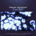 Stream transition overlay with glowing blue and white abstract shapes.