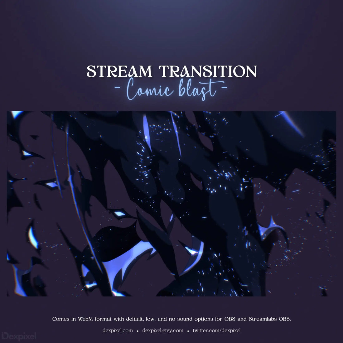 Stream transition overlay with glowing blue and white abstract shapes.