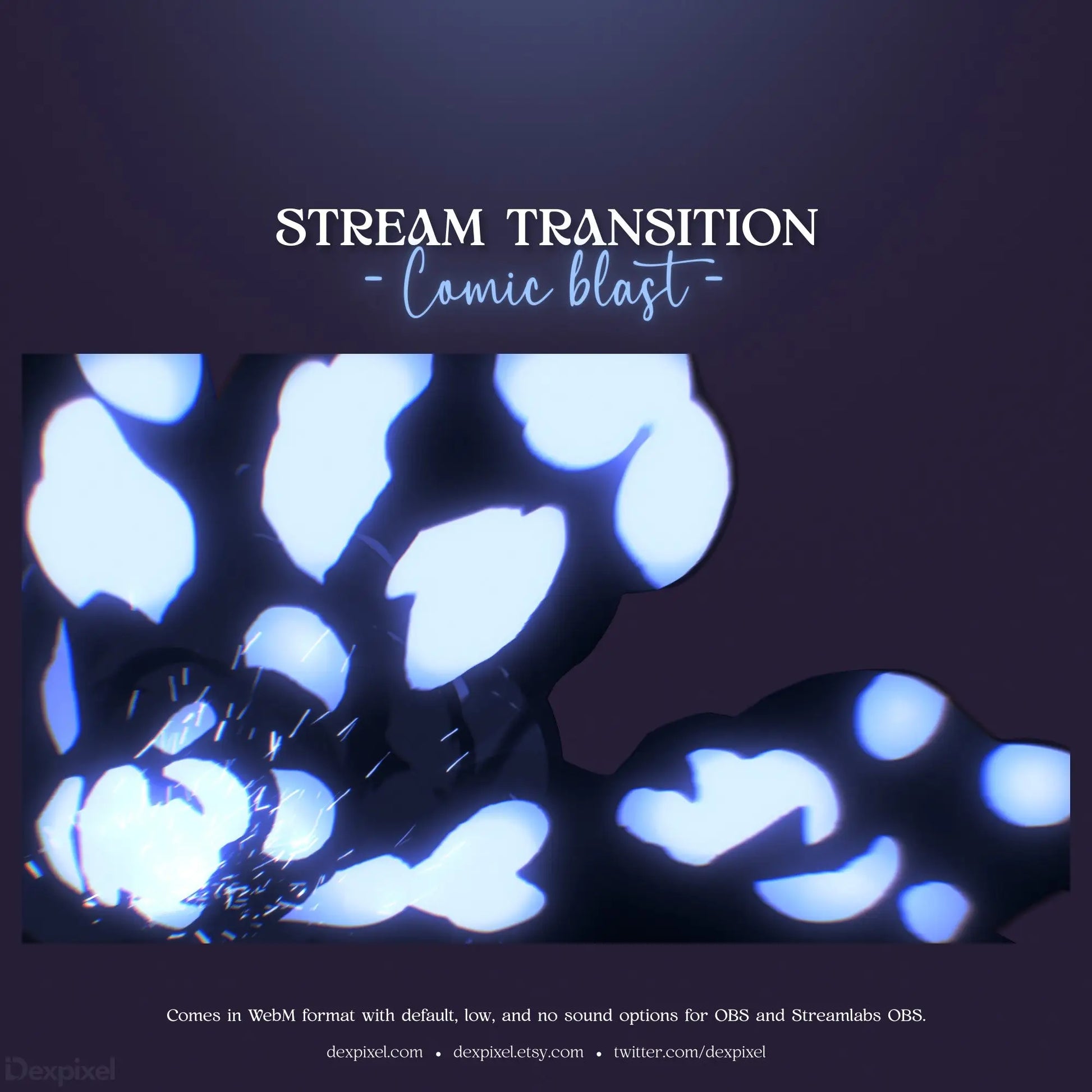 Stream transition screen with blurred bokeh light effects in blue and white.