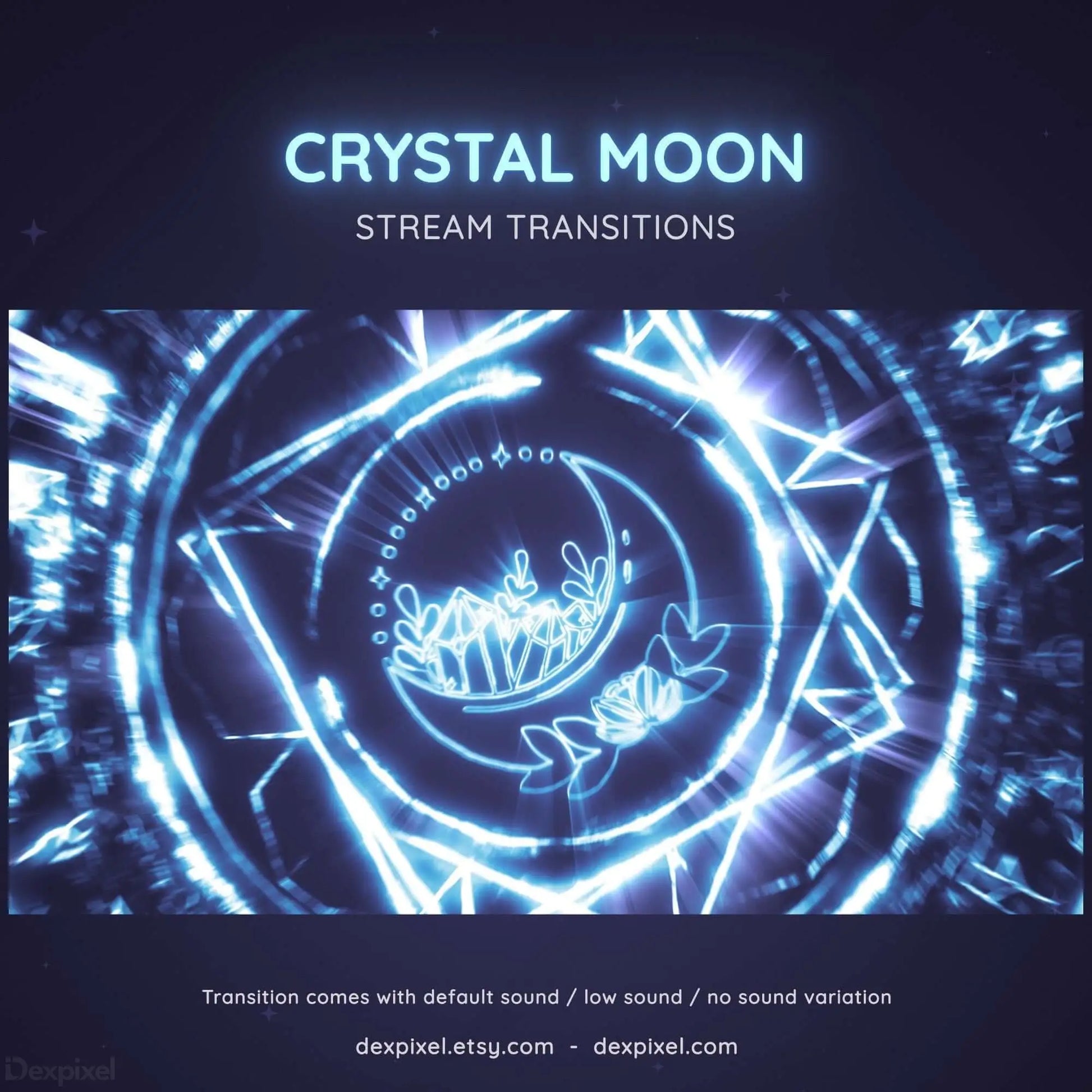 Glowing blue circular stream transition animation with crystal moon branding.