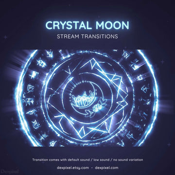 Glowing blue circular design with mystical symbols and spiral patterns labeled ’Crystal Moon Stream Transitions’