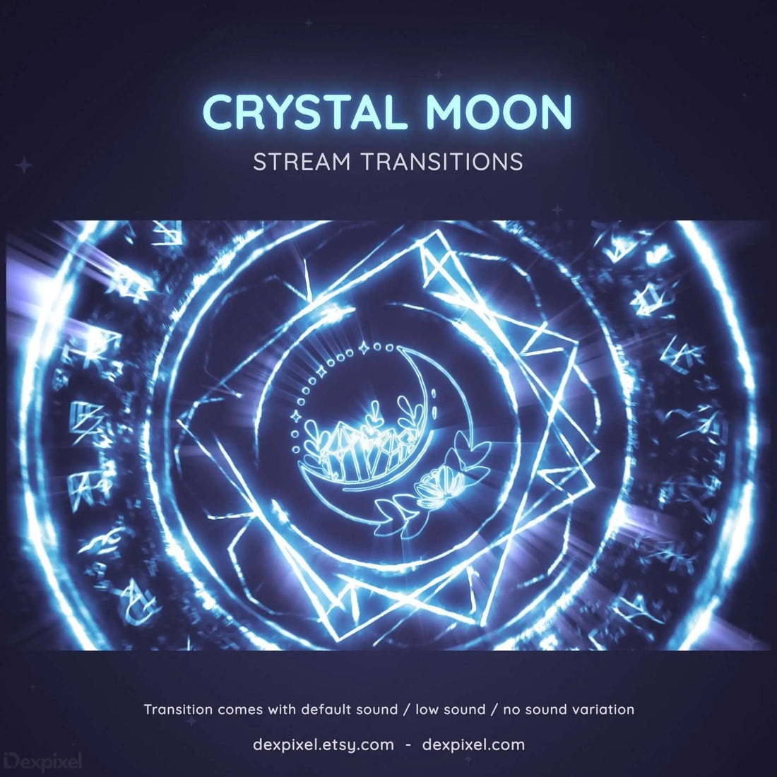 Glowing blue circular design with mystical symbols and spiral patterns labeled ’Crystal Moon Stream Transitions’