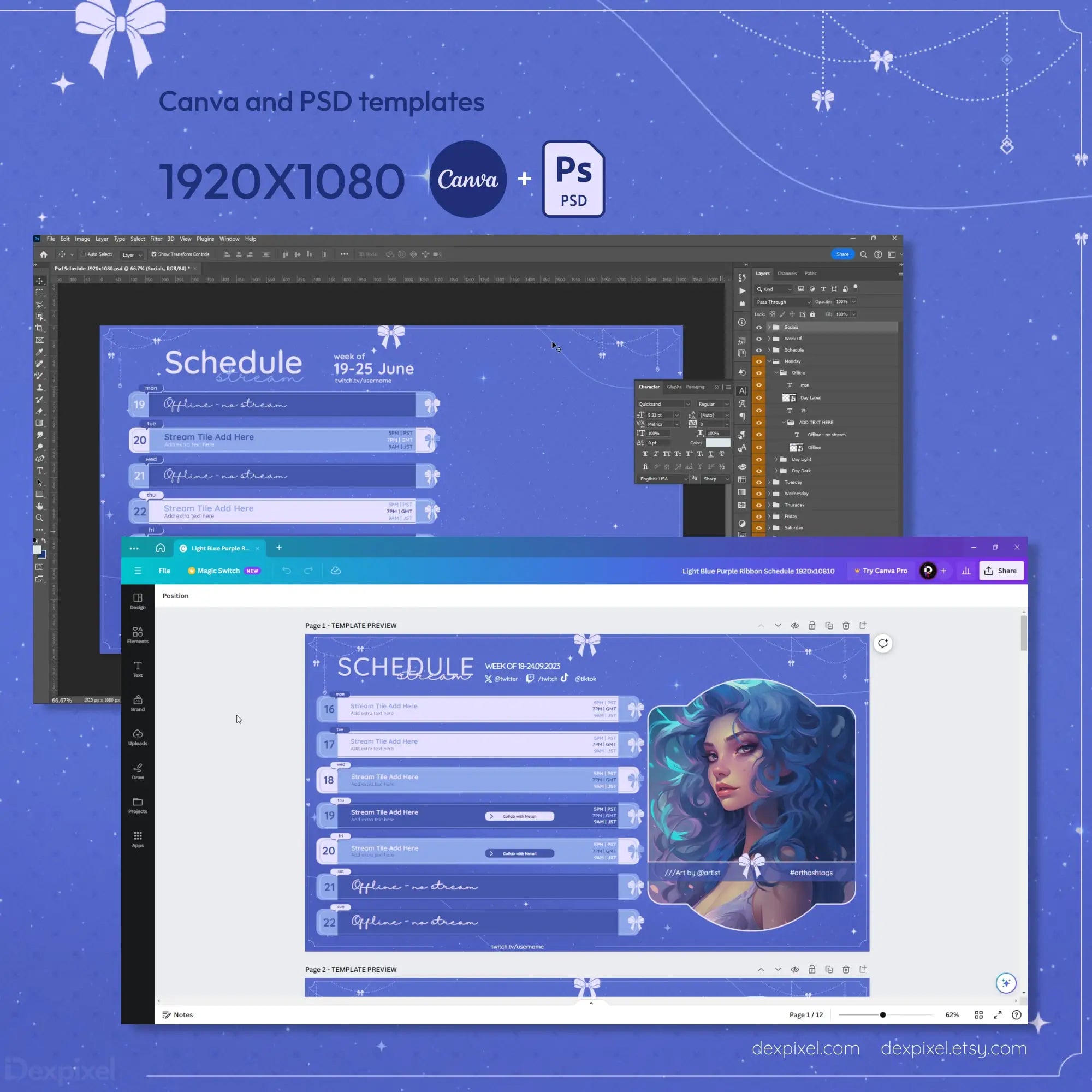 Design template showing a schedule interface in Photoshop and Canva with a purple color scheme.