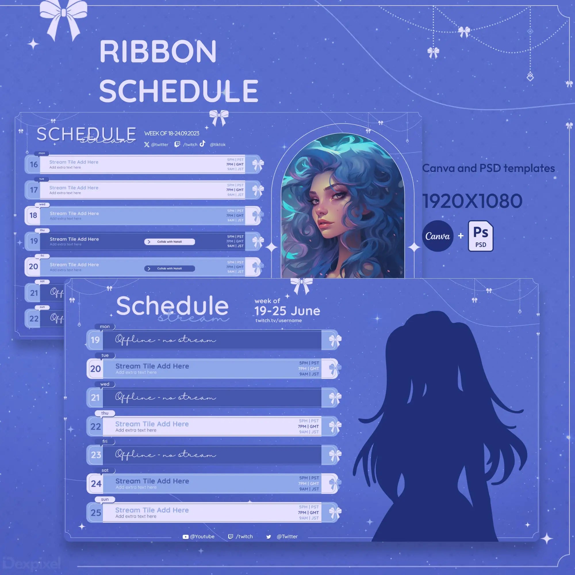 Stylized purple schedule template with ribbon and bow decorative elements.