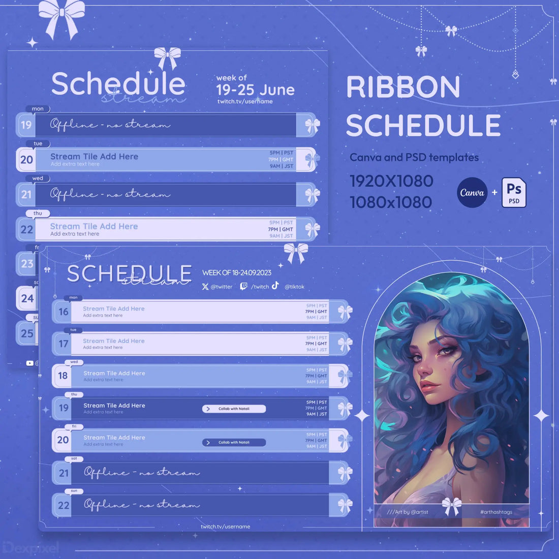 Stylized schedule template with ribbon decorations and an artistic illustration in shades of blue.